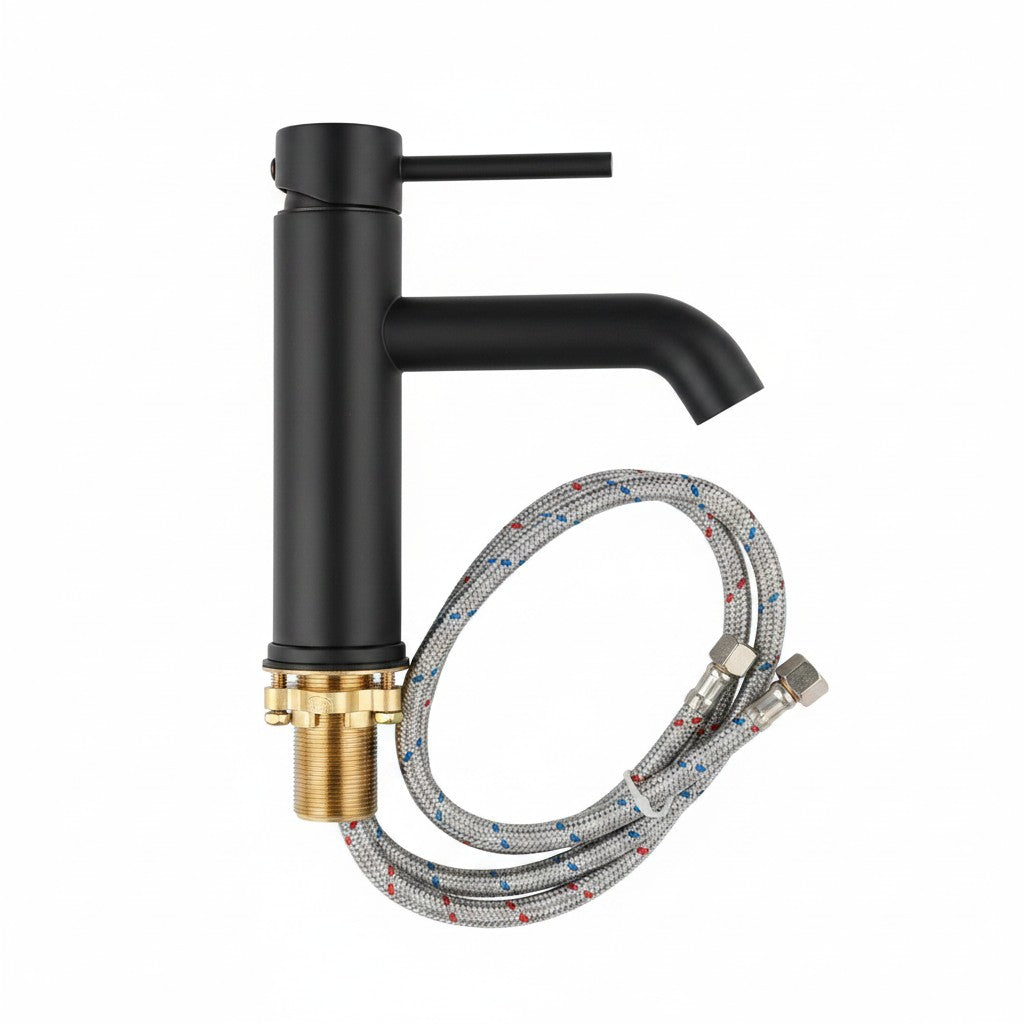Onyx Elements modern matte black single-handle bathroom sink faucet with braided supply lines on white background.