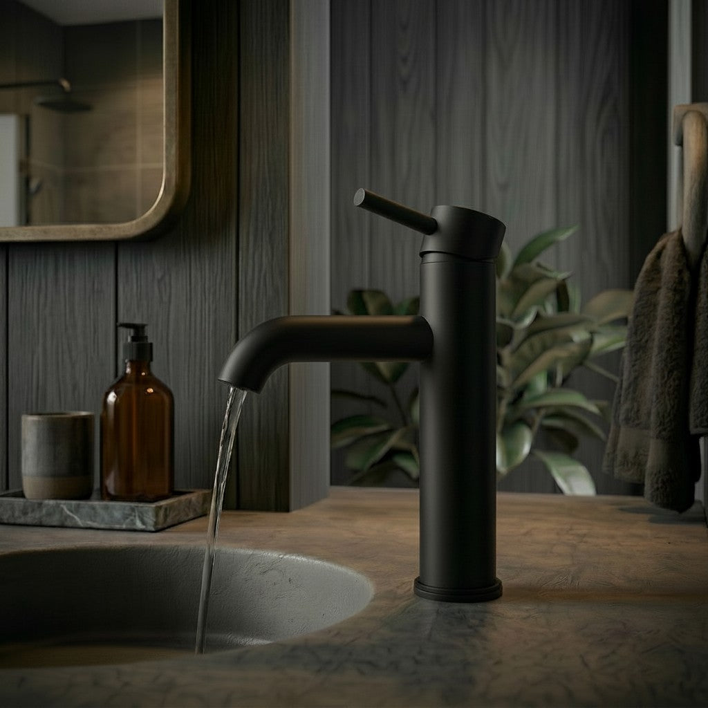 Onyx Elements modern matte black single-handle bathroom sink faucet with water flowing in a contemporary vanity setup.