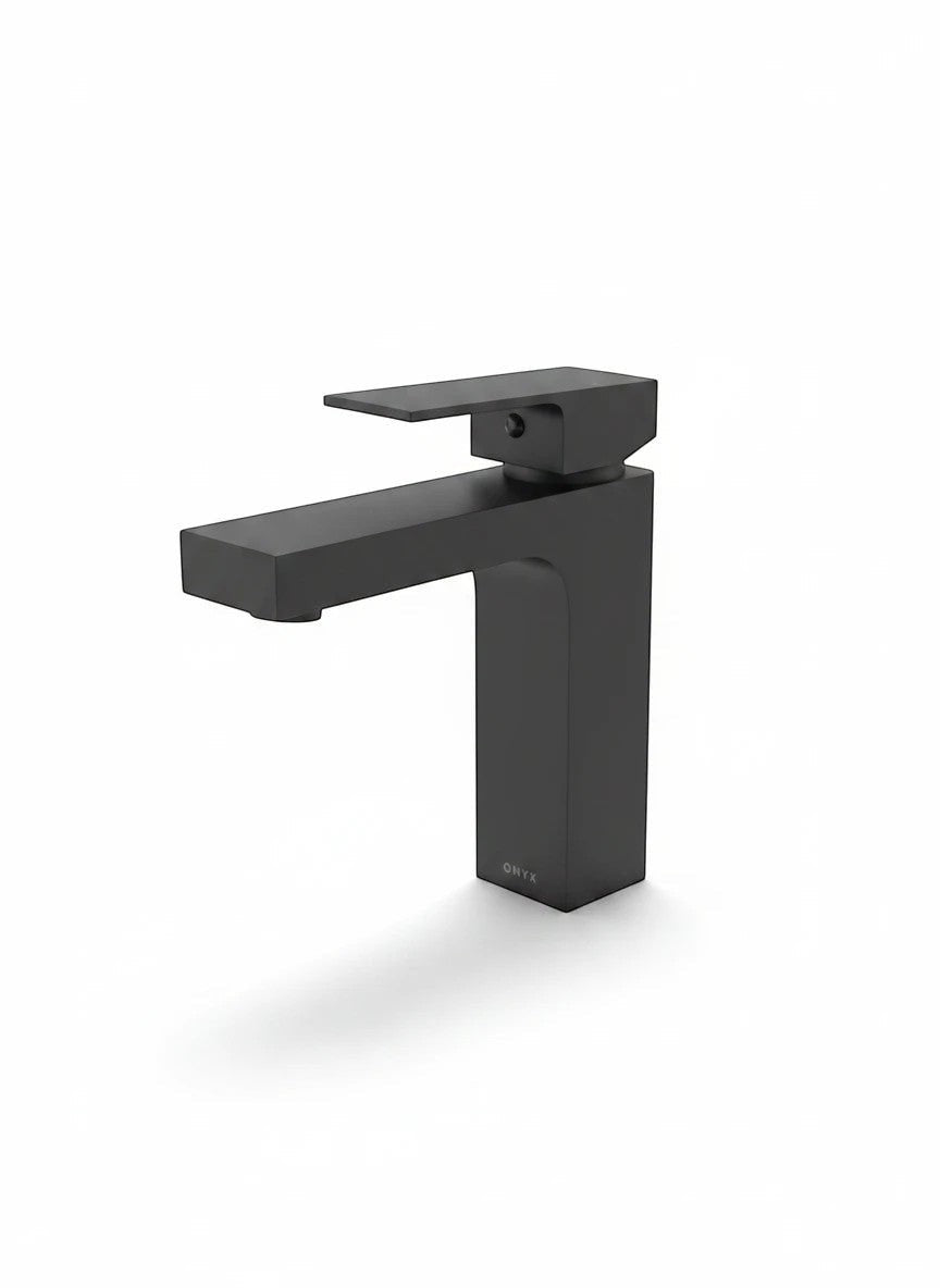 Onyx Elements modern matte black single-handle bathroom vanity faucet with a sleek geometric square design.