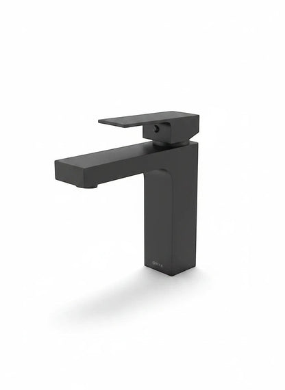 Onyx Elements modern matte black single-handle bathroom vanity faucet with a sleek geometric square design.