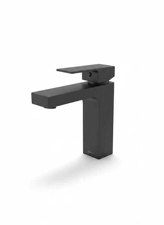 Onyx Elements modern matte black single-handle bathroom vanity faucet with a sleek geometric square design.