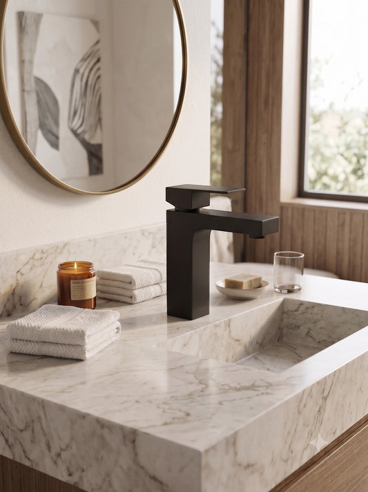 Onyx Elements matte black single-handle bathroom faucet with a modern geometric design on a marble vanity top.