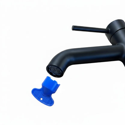 Onyx Elements matte black single-handle bathroom sink faucet with a blue aerator removal key for easy maintenance.