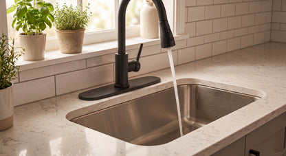 Onyx Elements matte black kitchen faucet deck plate installed on a white marble countertop with a stainless steel sink.
