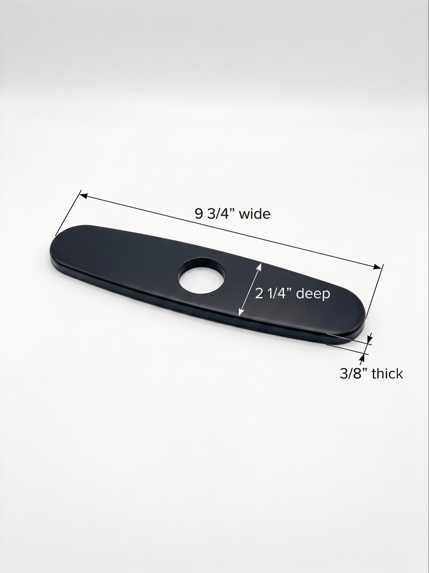 Onyx Elements matte black kitchen faucet deck plate with dimensions shown for a single-hole sink installation.