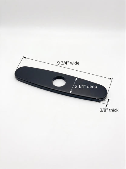 Onyx Elements matte black kitchen faucet deck plate with dimensions shown for a single-hole sink installation.
