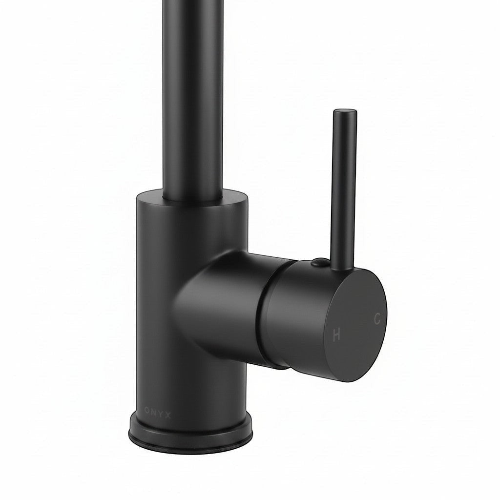 Onyx Elements modern matte black gooseneck kitchen faucet with single handle and pull-down sprayer.