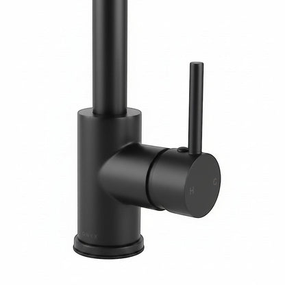 Onyx Elements modern matte black gooseneck kitchen faucet with single handle and pull-down sprayer.