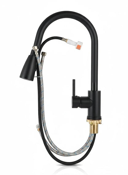 Onyx Elements modern matte black gooseneck kitchen faucet with pull-down sprayer and single handle.