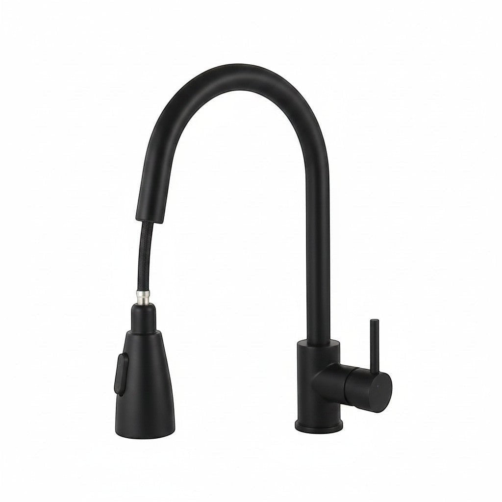 Onyx Elements modern matte black gooseneck kitchen faucet with pull-down sprayer and single handle.