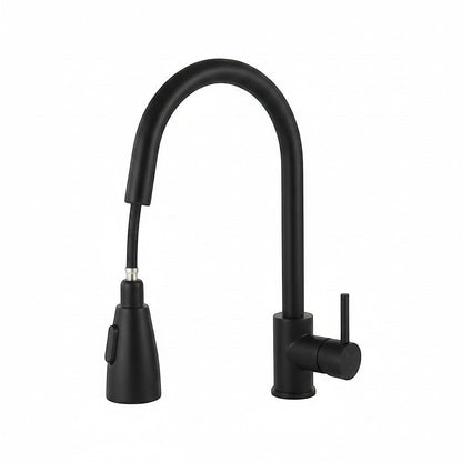 Onyx Elements modern matte black gooseneck kitchen faucet with pull-down sprayer and single handle.