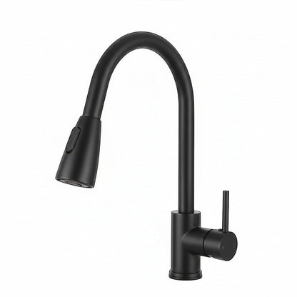 Onyx Elements modern matte black gooseneck kitchen faucet with pull-down sprayer and single handle.