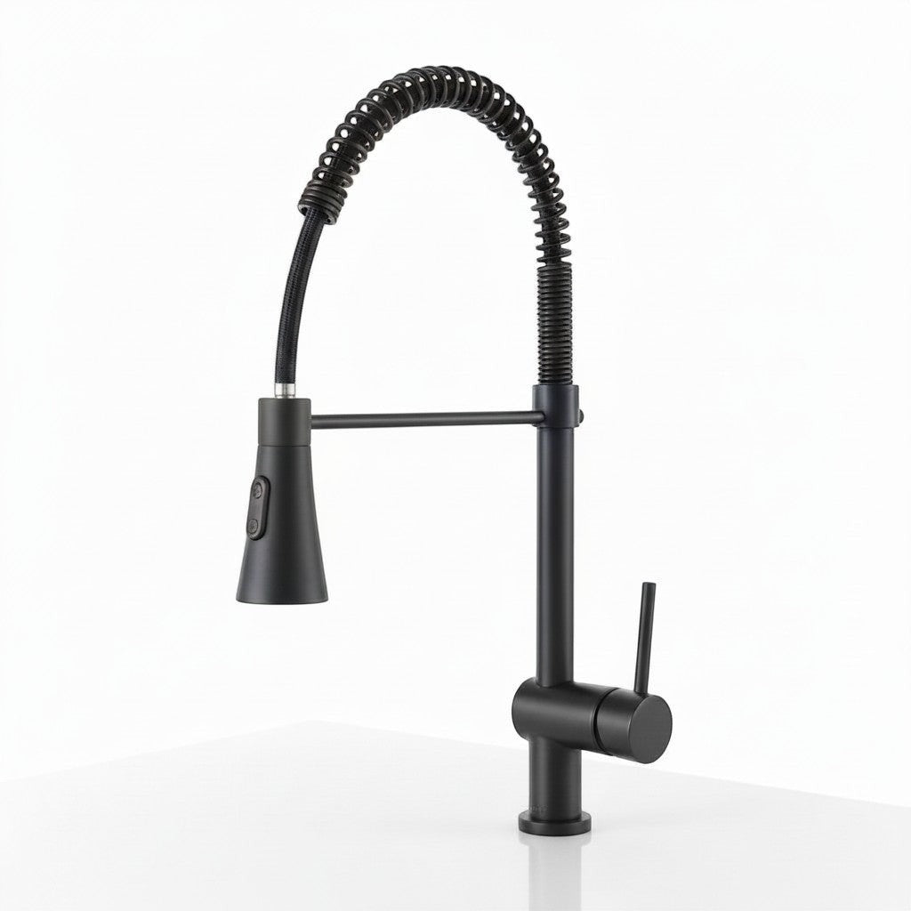 Onyx Elements matte black industrial kitchen faucet with high-arc spring-loaded pull-down sprayer and single handle.
