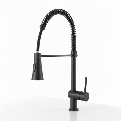 Onyx Elements matte black industrial kitchen faucet with high-arc spring-loaded pull-down sprayer and single handle.