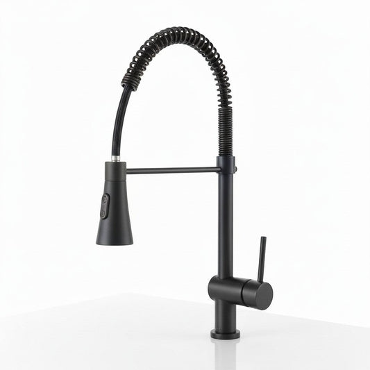 Onyx Elements matte black industrial kitchen faucet with high-arc spring-loaded pull-down sprayer and single handle.