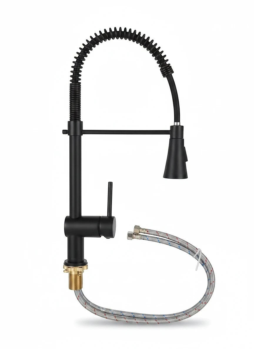 Onyx Elements matte black industrial kitchen faucet with high-arc spring-loaded pull-down sprayer and single handle.