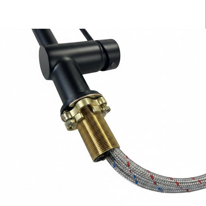Onyx Elements matte black kitchen faucet with single-handle lever, pull-down sprayer, and brass mounting hardware.