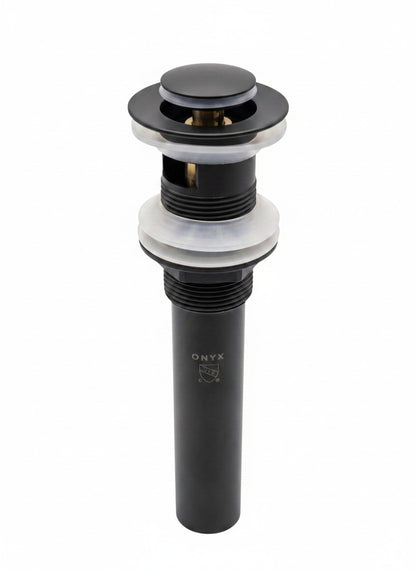 Onyx Elements matte black bathroom sink pop-up drain stopper with rubber gaskets on a white background