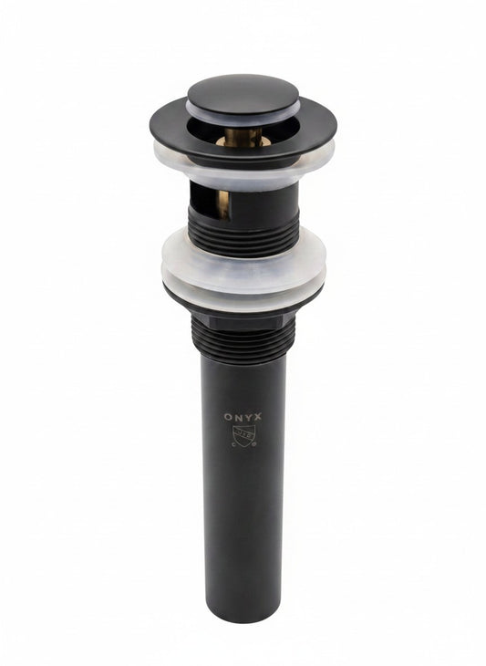 Onyx Elements matte black bathroom sink pop-up drain stopper with rubber gaskets on a white background