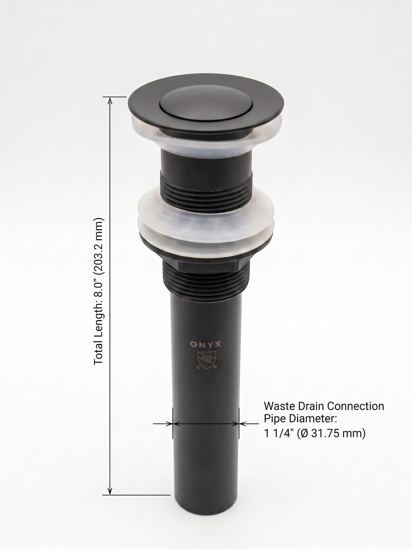 Onyx Elements matte black bathroom sink pop-up drain with dimensions labeled for installation reference.