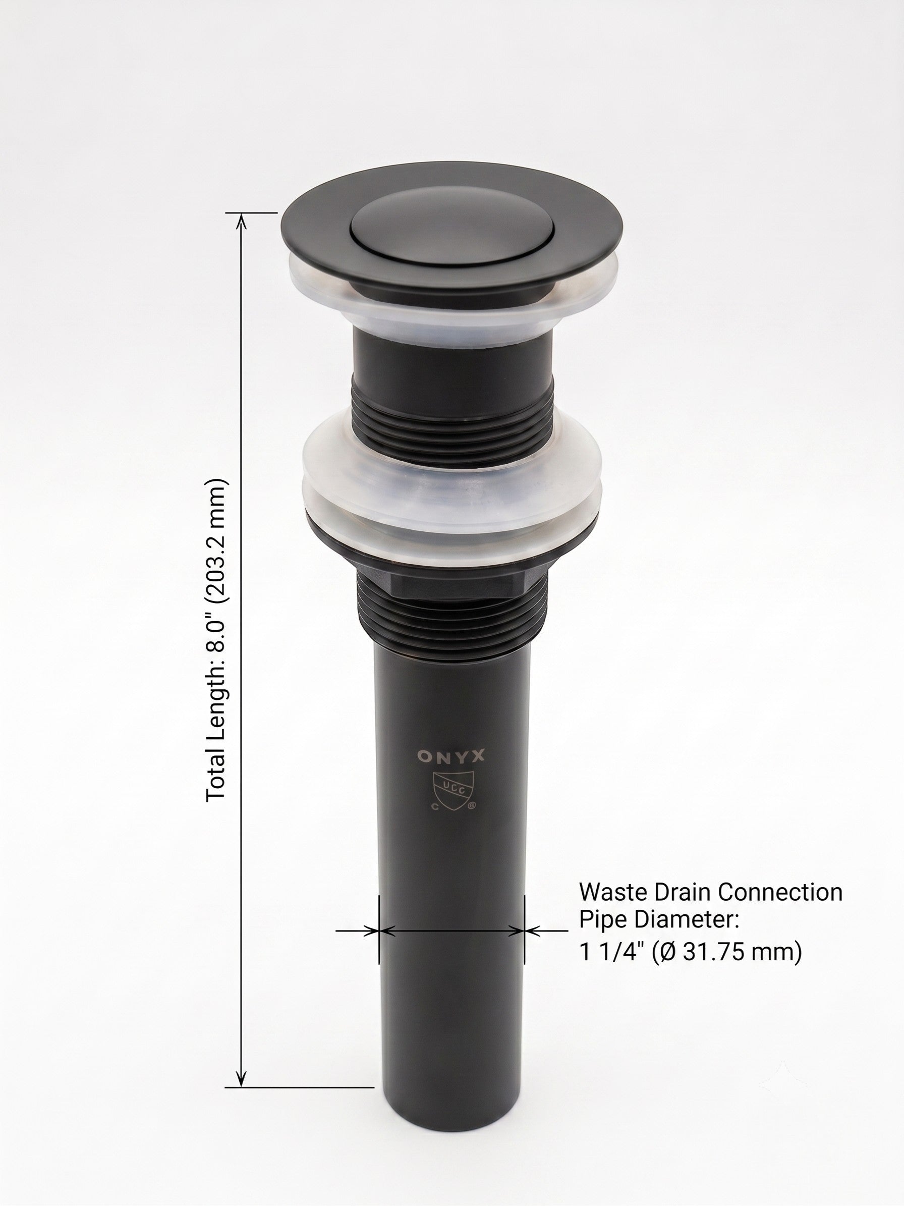 Onyx Elements matte black bathroom sink pop-up drain with dimensions labeled for installation reference.