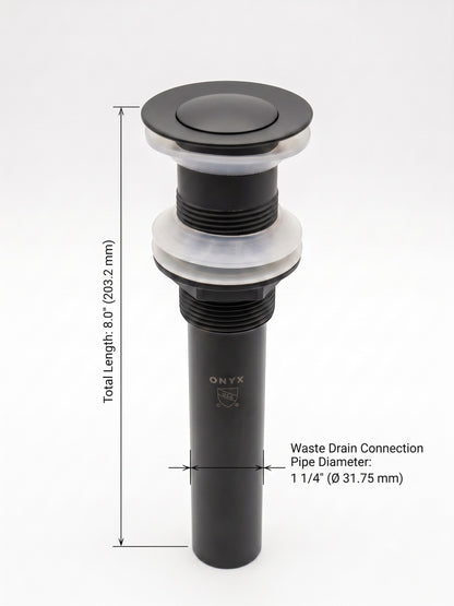Onyx Elements matte black bathroom sink pop-up drain with dimensions labeled for installation reference.