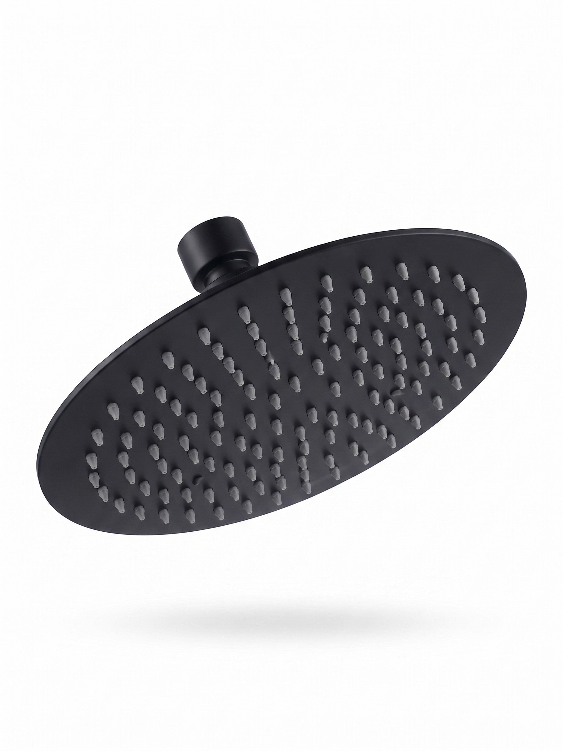 Onyx Elements matte black round rainfall shower head with grey silicone nozzles against a white background
