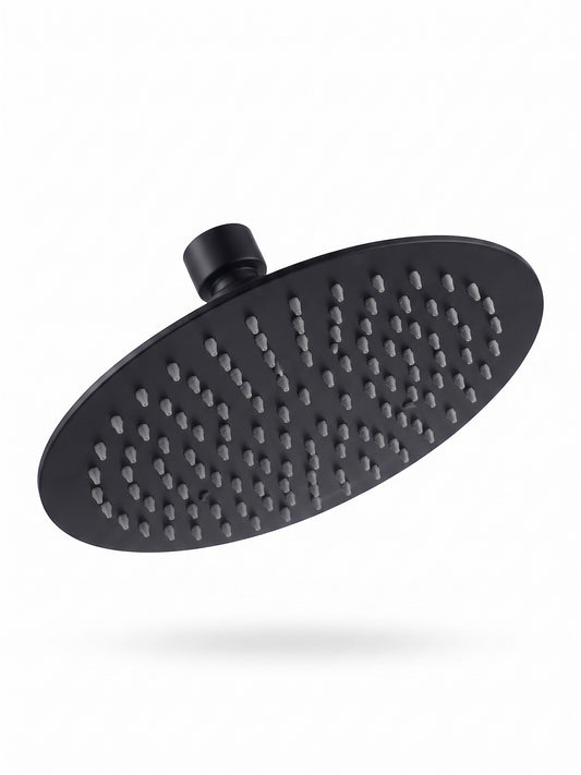 Onyx Elements matte black round rainfall shower head with grey silicone nozzles against a white background