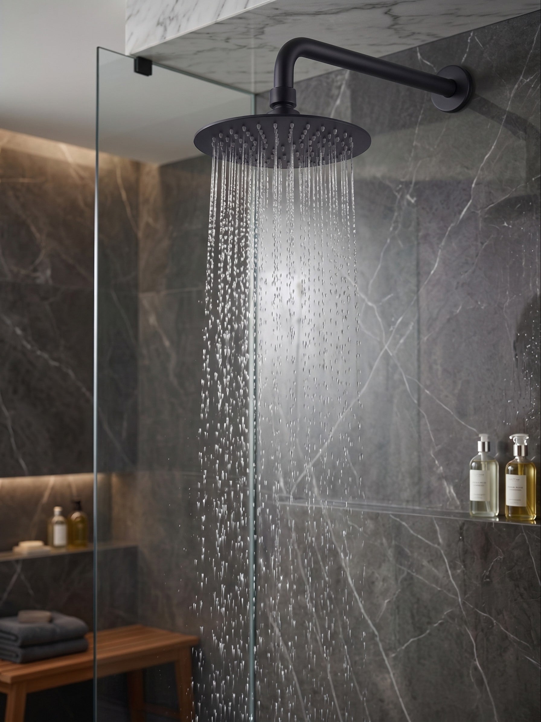Onyx Elements matte black rainfall shower head mounted in a modern grey marble shower with water flowing