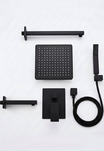 Onyx Elements matte black square rainfall shower system with handheld wand and pressure balance valve components.