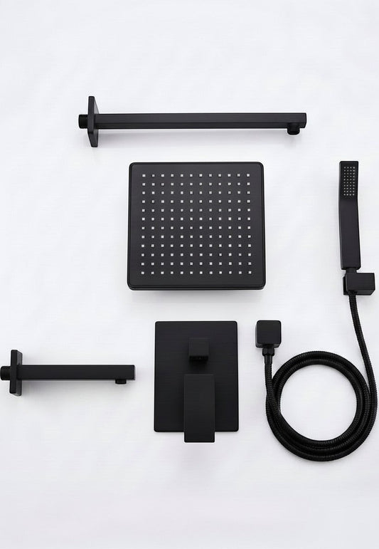 Onyx Elements matte black square rainfall shower system with handheld wand and pressure balance valve components.
