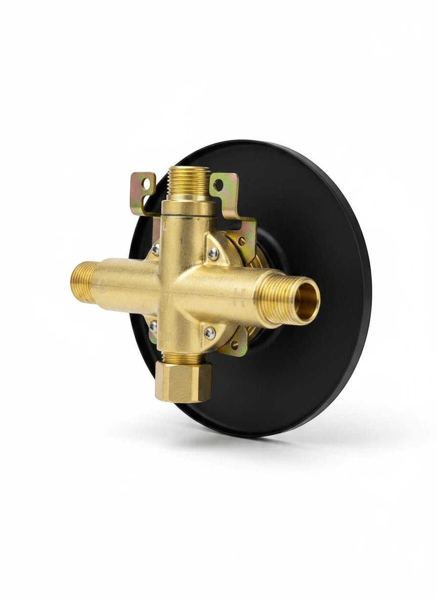 Onyx Elements matte black shower faucet control valve with brass internal plumbing components on white background