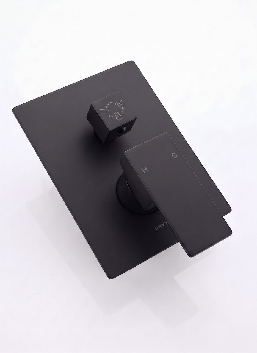 Onyx Elements matte black square shower pressure balance valve control with minimalist lever handle