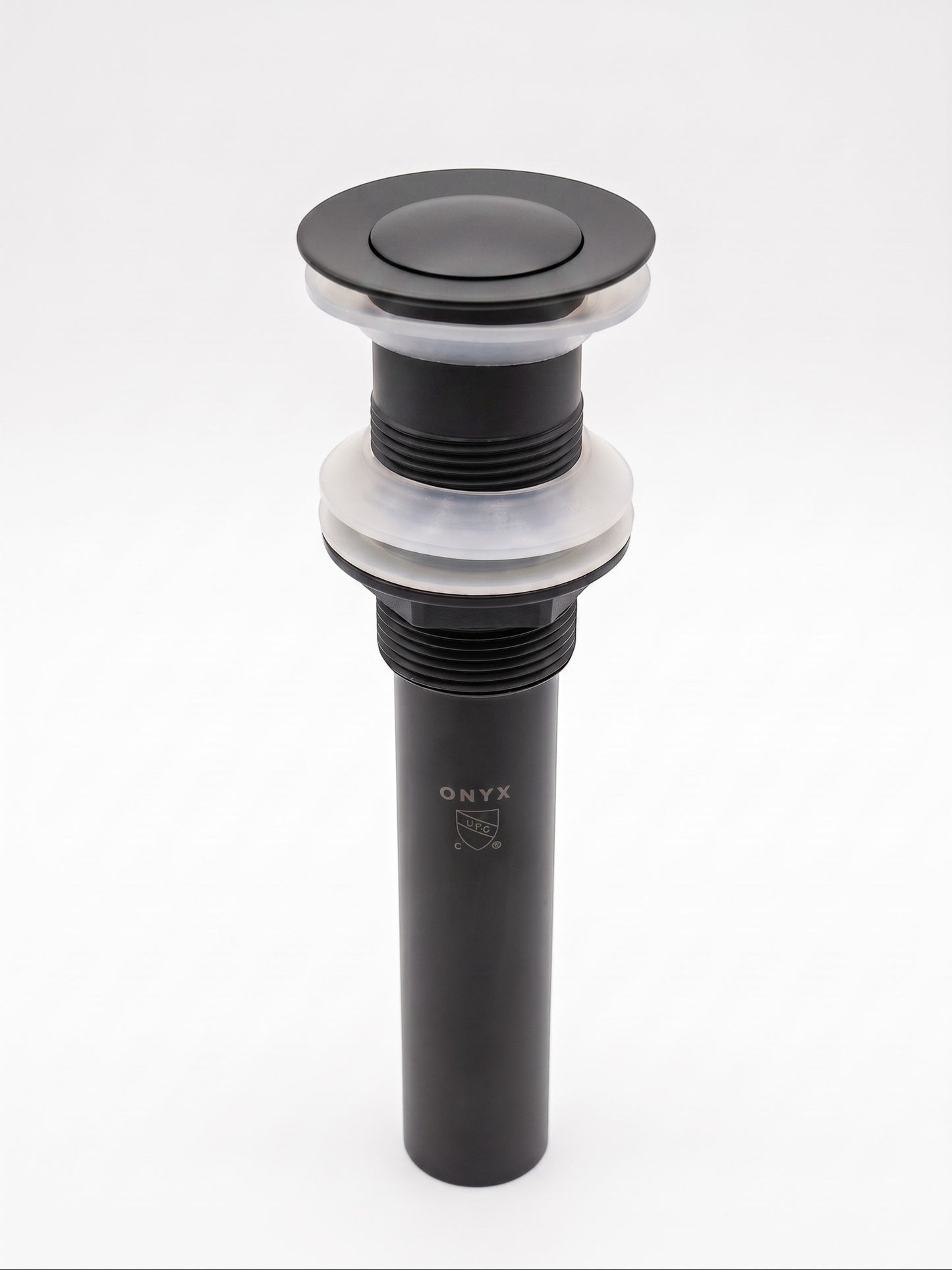 Onyx Elements matte black bathroom sink drain assembly with a push-button pop-up stopper and clear silicone gaskets.