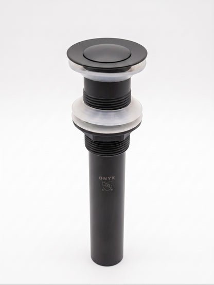 Onyx Elements matte black bathroom sink drain assembly with a push-button pop-up stopper and clear silicone gaskets.