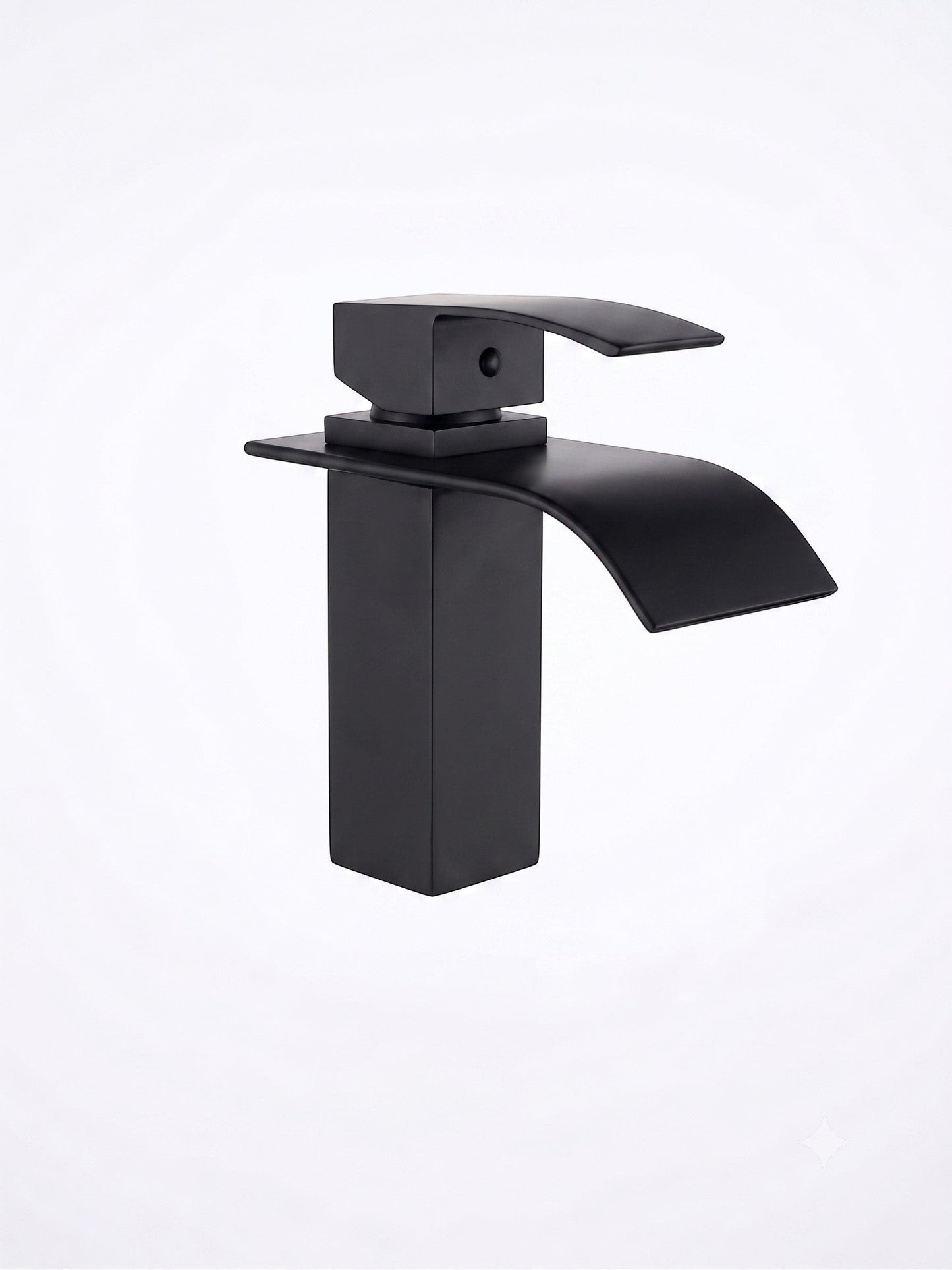 Onyx Elements modern matte black single-handle waterfall bathroom faucet with a sleek minimalist open-spout design.