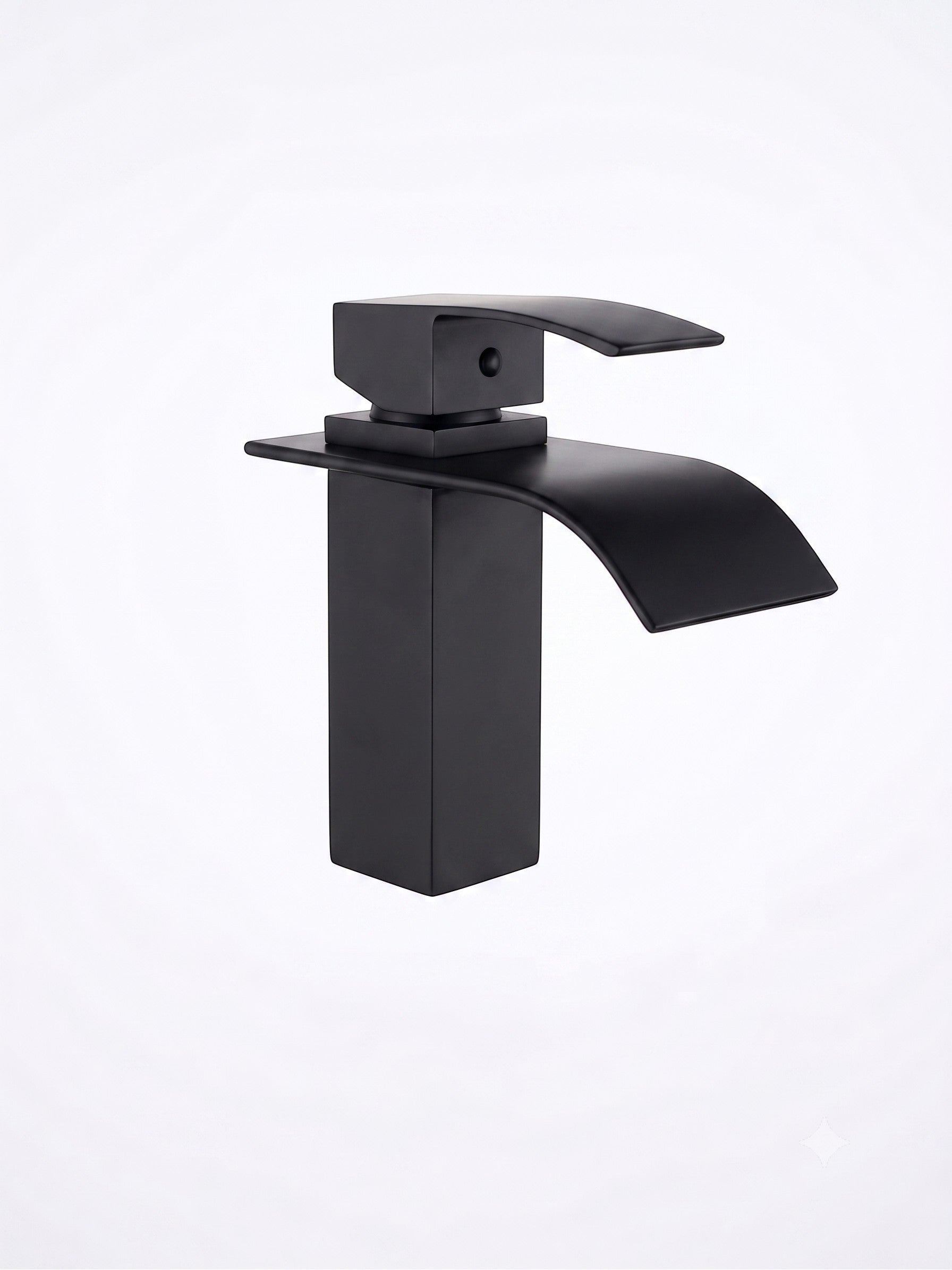 Onyx Elements modern matte black single-handle waterfall bathroom faucet with a sleek minimalist open-spout design.