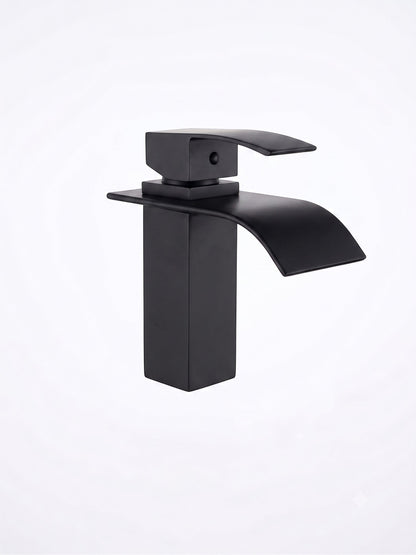 Onyx Elements modern matte black single-handle waterfall bathroom faucet with a sleek minimalist open-spout design.
