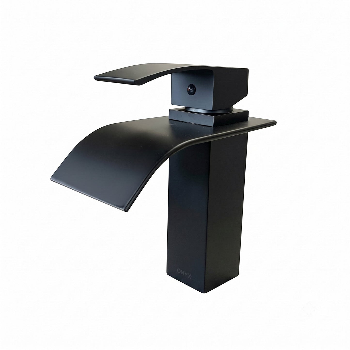 Onyx Elements modern matte black single-handle waterfall bathroom sink faucet with a sleek minimalist design.
