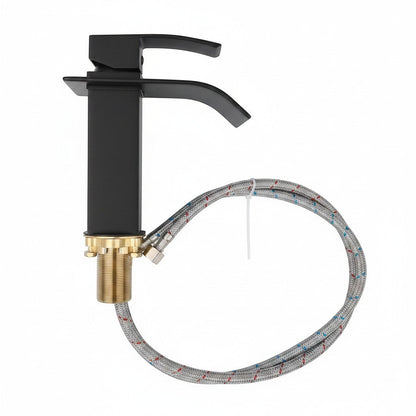 Onyx Elements modern matte black single-handle waterfall bathroom sink faucet with braided supply lines.