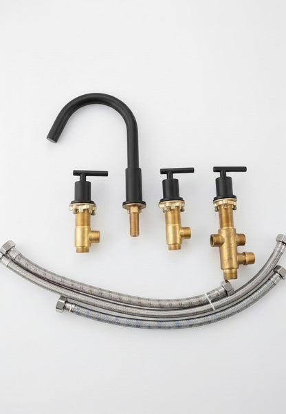 Onyx Elements matte black widespread bathroom faucet set with high-arc spout, lever handles, and supply lines.