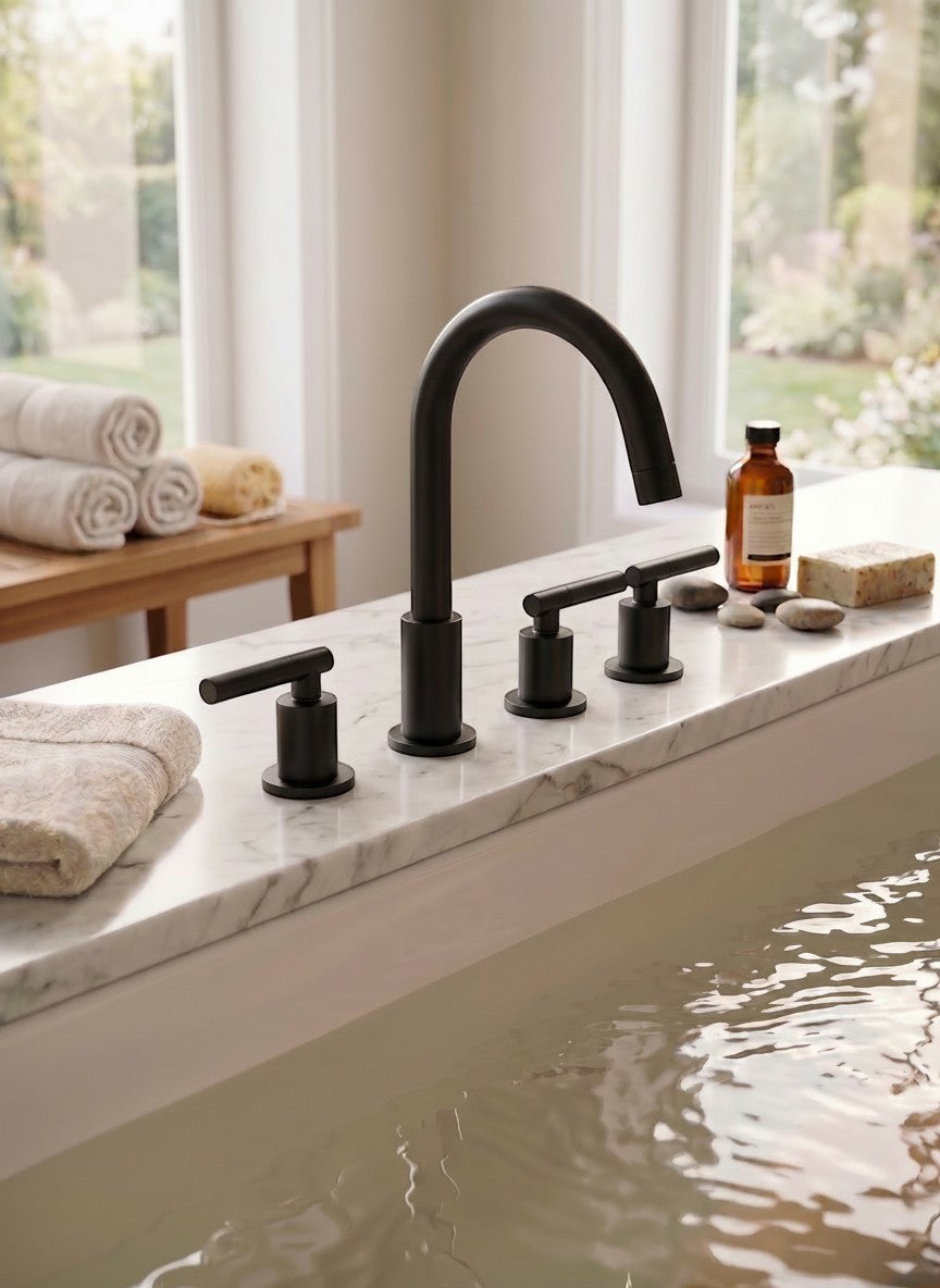 Onyx Elements matte black widespread bathroom faucet with high-arc spout and lever handles on a marble vanity top.