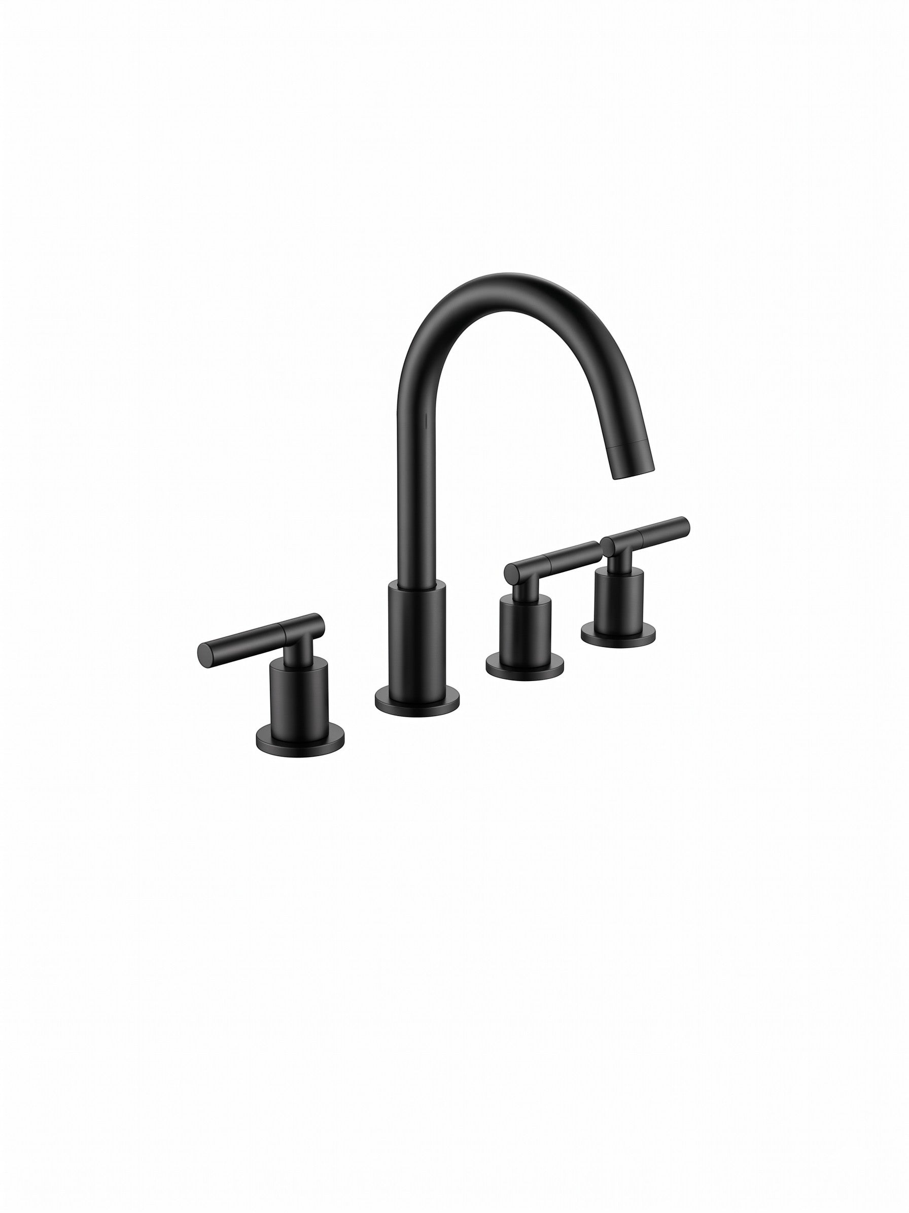 Onyx Elements matte black three-hole widespread bathroom faucet with a high-arc spout and two lever handles.