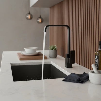 Onyx Elements modern black stainless steel kitchen faucet with high arc spout and single lever handle.