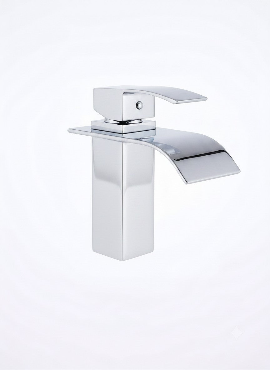 Onyx Elements modern chrome bathroom faucet with a sleek sloped spout and durable brass construction.