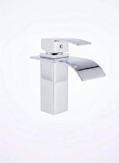 Onyx Elements modern chrome bathroom faucet with a sleek sloped spout and durable brass construction.