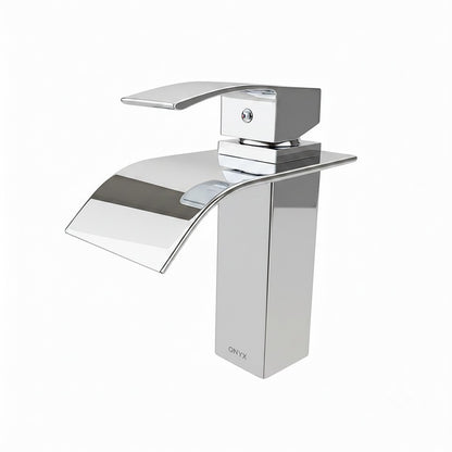 Onyx Elements modern chrome bathroom faucet with a sloped waterfall spout and durable brass body design.