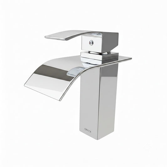 Onyx Elements modern chrome bathroom faucet with a sloped waterfall spout and durable brass body design.