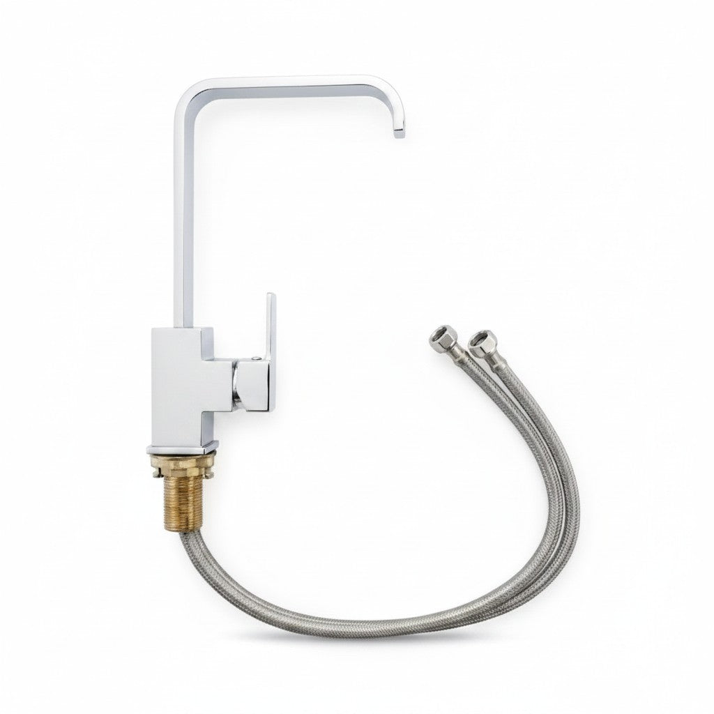 Onyx Elements modern chrome stainless steel kitchen faucet with high arc spout and single lever handle.