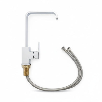 Onyx Elements modern chrome stainless steel kitchen faucet with high arc spout and single lever handle.